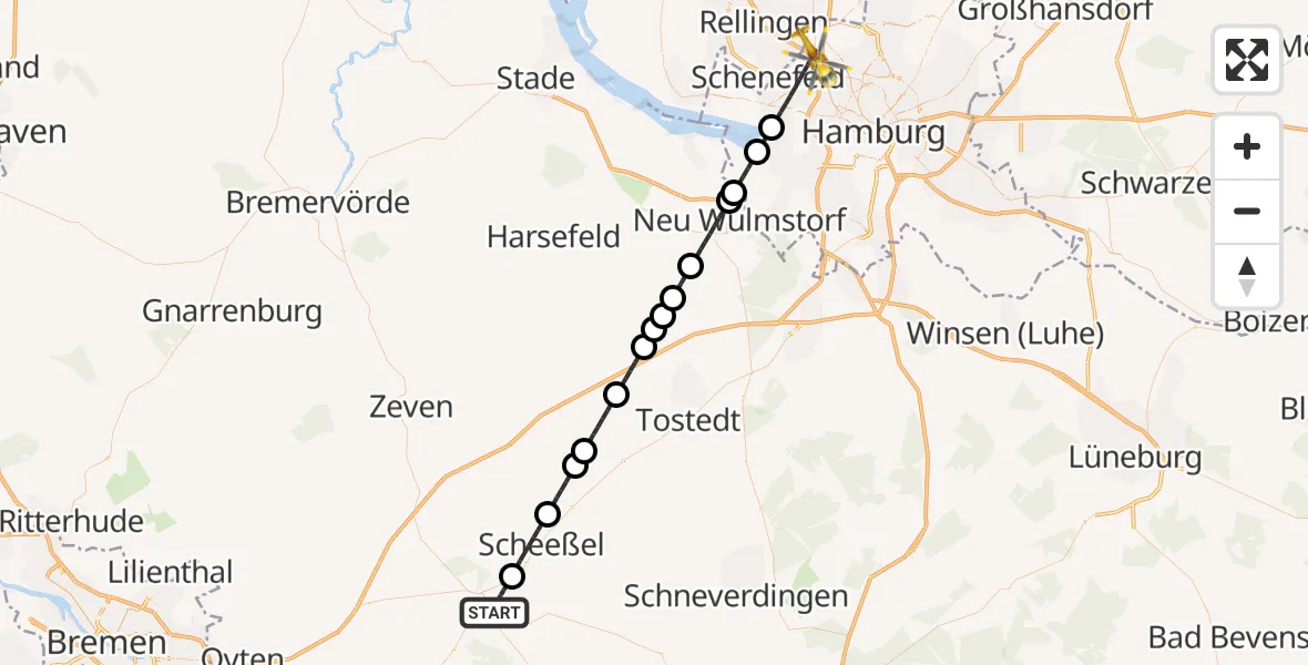 Flugroute Ambulanzhubschrauber Rotenburg (Wümme) - Hamburg, 05 Juni 2026, 18:58
