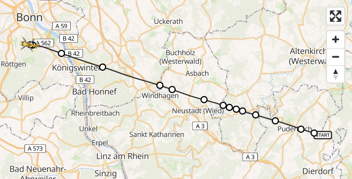 Flugroute Rettungshubschrauber Dierdorf - Bonn University Hospital, 05 Juni 2026, 19:03
