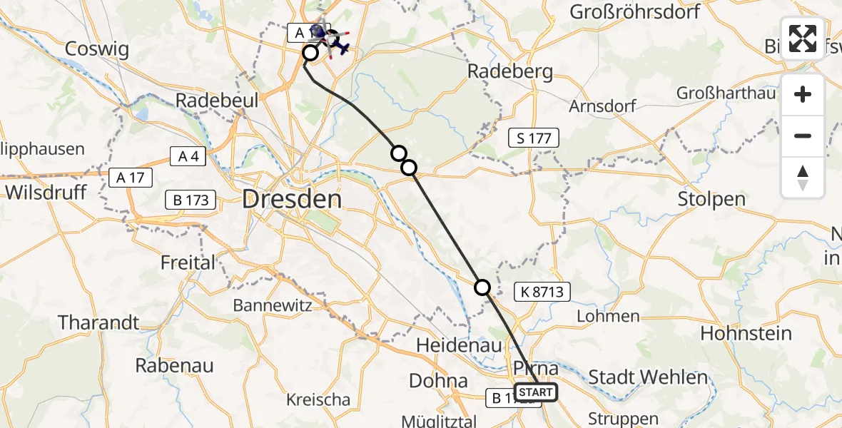 Flugroute Polizeihubschrauber Pirna - Dresden Flughafen, 05 Juni 2026, 19:20