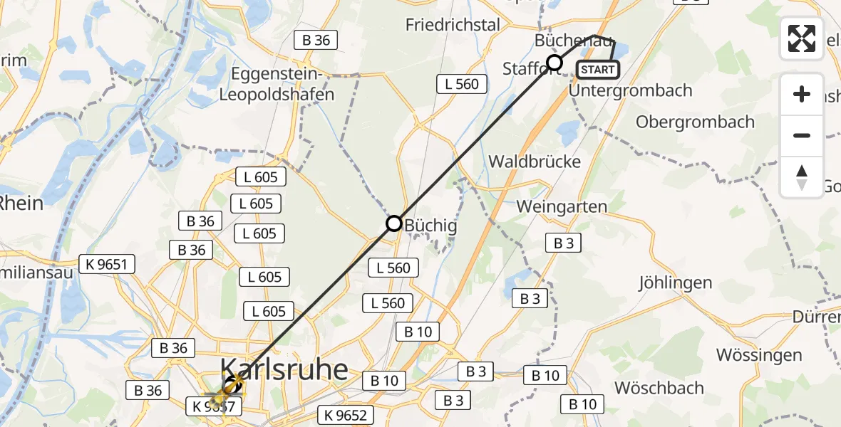 Flugroute Ambulanzhubschrauber Bruchsal - Sankt Vincentius Hospital, 05 Juni 2026, 19:34