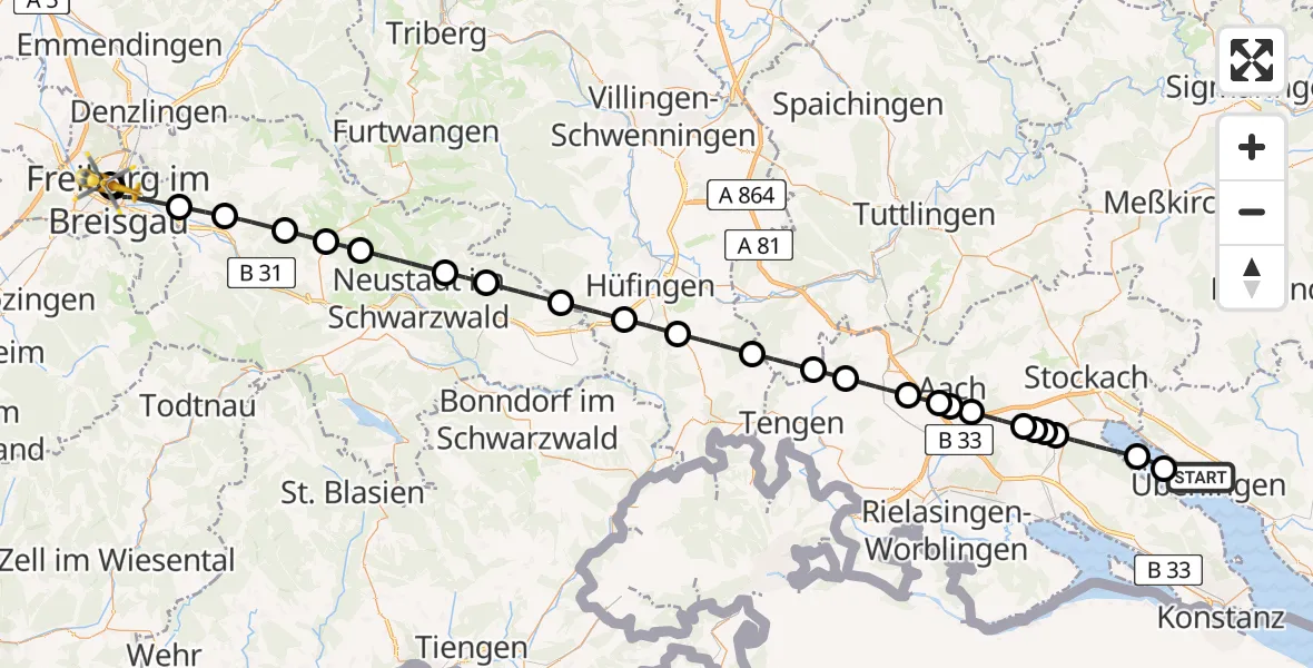 Flugroute Ambulanzhubschrauber Überlingen - Freiburg University Hospital Heliport 1, 05 Juni 2026, 19:37