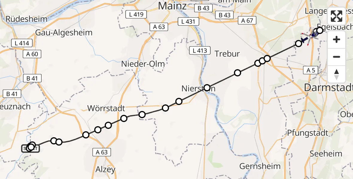 Flugroute Polizeihubschrauber Wonsheim - Weiterstadt, 05 Juni 2026, 19:41