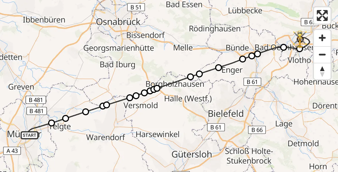 Flugroute Rettungshubschrauber Münster - Porta Westfalica Flugplatz, 05 Juni 2026, 19:53