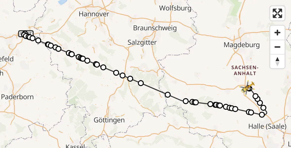 Flugroute Rettungshubschrauber Porta Westfalica Flugplatz - Bernburg (Saale), 05 Juni 2026, 20:40