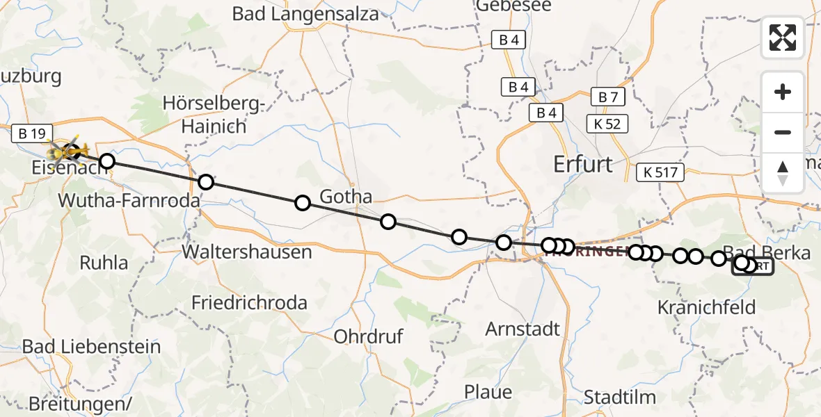 Flugroute Ambulanzhubschrauber Bad Berka Central Hospital - Sankt Georg Hospital Eisenach, 05 Juni 2026, 20:42