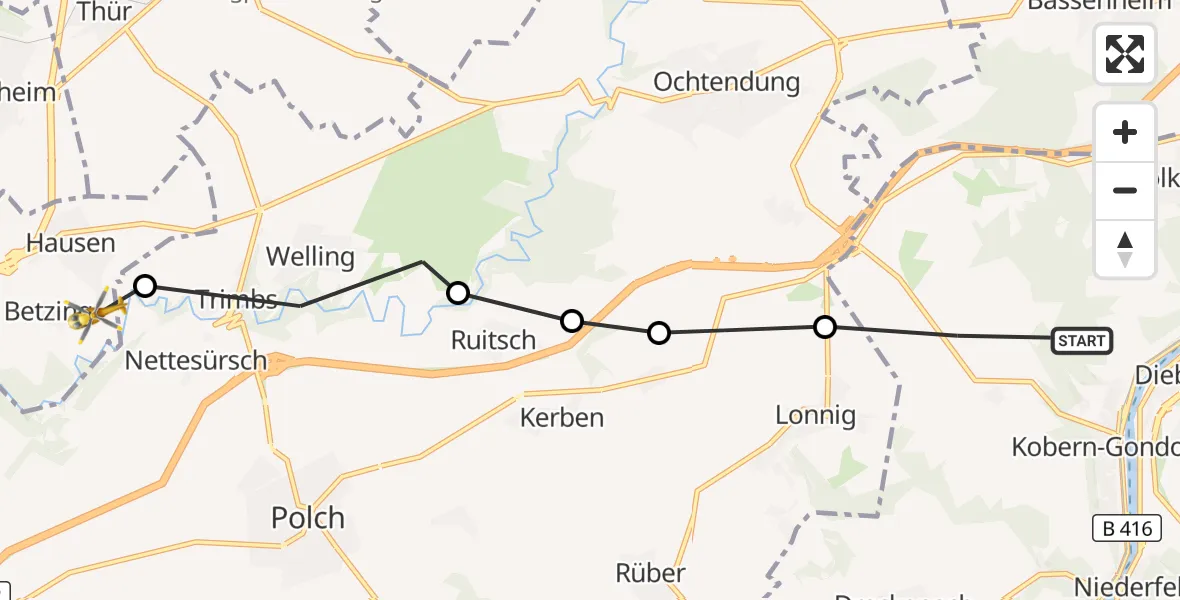 Flugroute Ambulanzhubschrauber Kobern-Gondorf - Mayen, 05 Juni 2026, 21:10