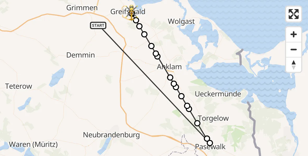Flugroute Rettungshubschrauber Süderholz - Greifswald Hospital, 05 Juni 2026, 21:46