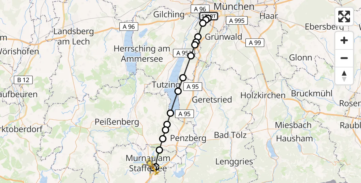 Flugroute Rettungshubschrauber DRF Air Rescue München Hubschrauberlandeplatz - Murnau a.Staffelsee, 05 Juni 2026, 21:54