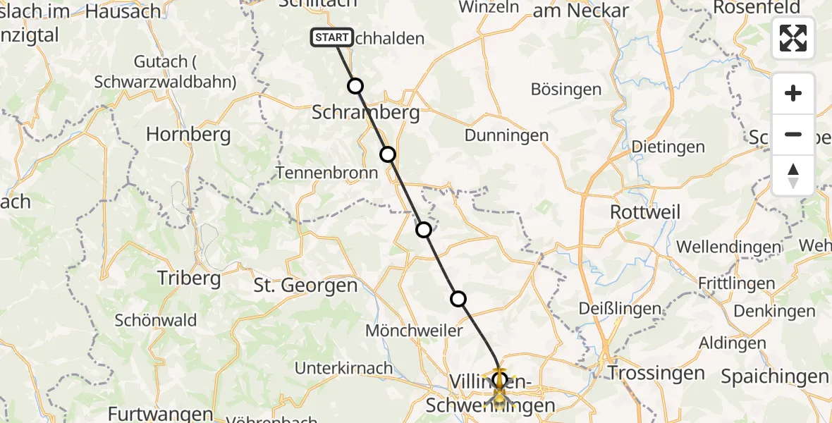 Flugroute Ambulanzhubschrauber Schiltach - DRF Air Rescue Station Villingen-Schwenningen Hubschrauberlandeplatz (Christoph 11), 05 Juni 2026, 22:29