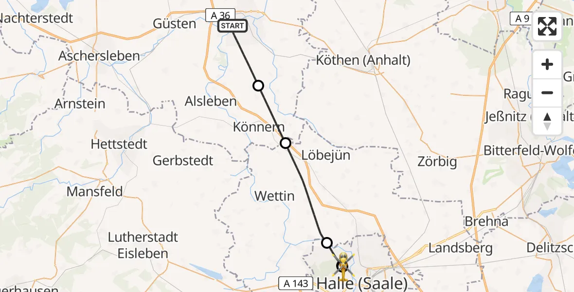 Flugroute Rettungshubschrauber Bernburg (Saale) - Halle (Saale) University Hospital, 05 Juni 2026, 22:32
