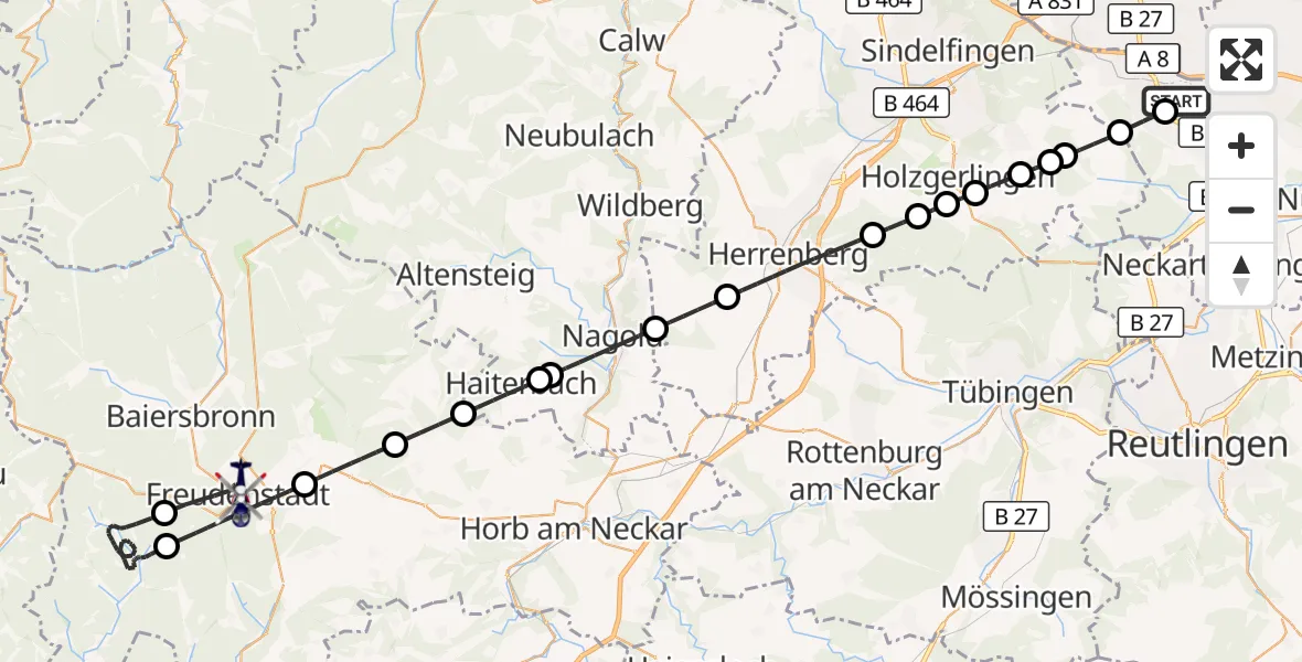 Flugroute Polizeihubschrauber Flughafen Stuttgart - Freudenstadt, 05 Juni 2026, 23:03
