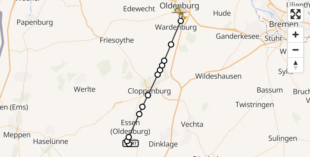 Flugroute Ambulanzhubschrauber Quakenbrück - Oldenburg (Oldb), 05 Juni 2026, 23:09