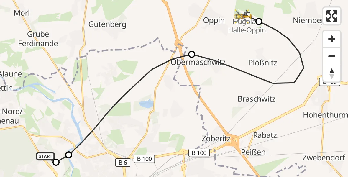 Flugroute Rettungshubschrauber Halle (Saale) University Hospital - Halle-Oppin Flugplatz, 05 Juni 2026, 23:22