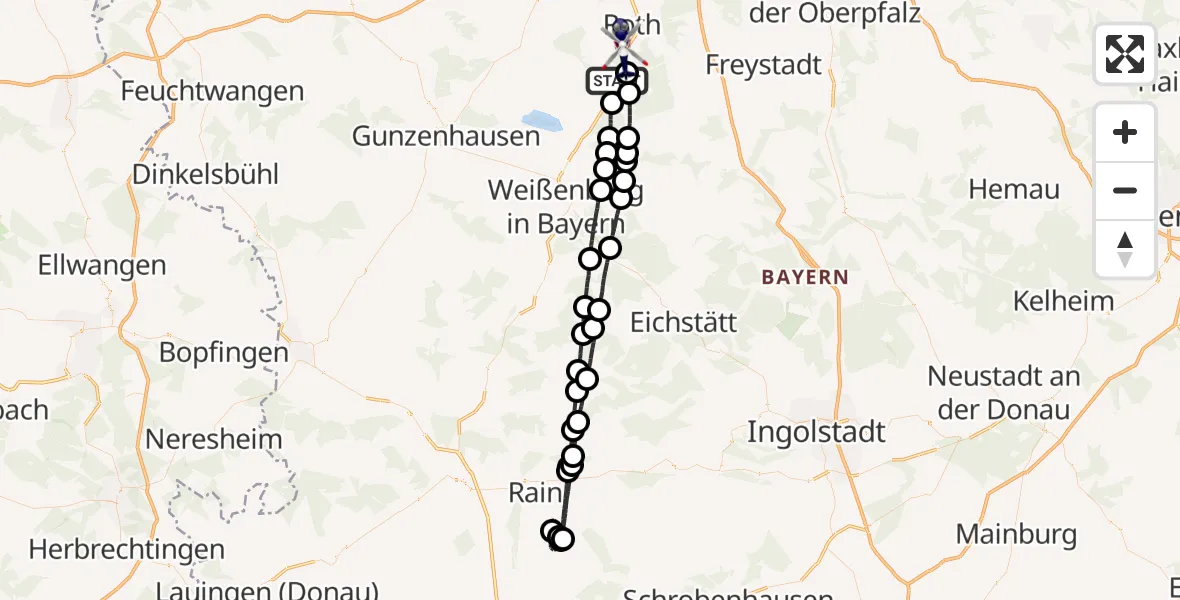 Flugroute Polizeihubschrauber Georgensgmünd - Roth, 05 Juni 2026, 23:34