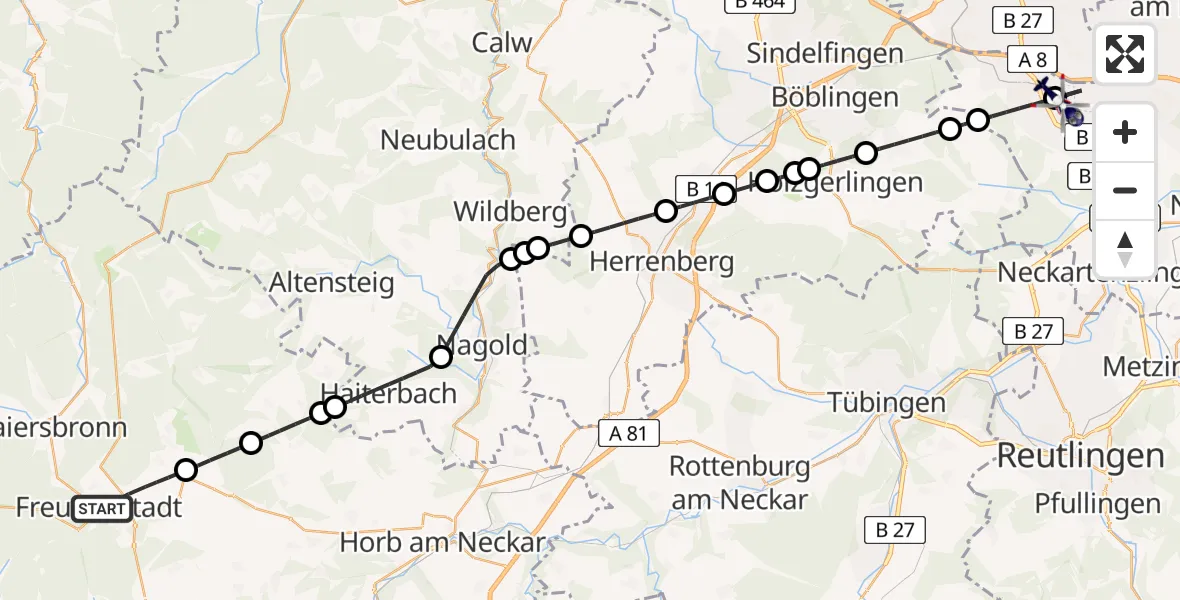 Flugroute Polizeihubschrauber Freudenstadt - Flughafen Stuttgart, 06 Juni 2026, 00:03