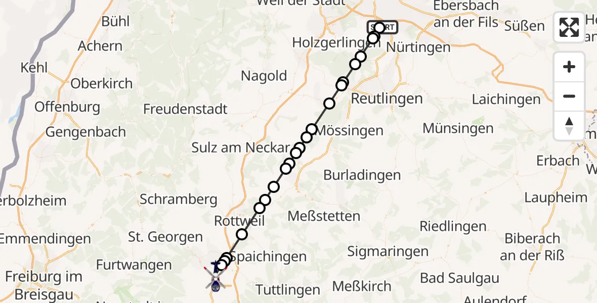 Flugroute Polizeihubschrauber Flughafen Stuttgart - Bad Dürrheim, 06 Juni 2026, 02:51