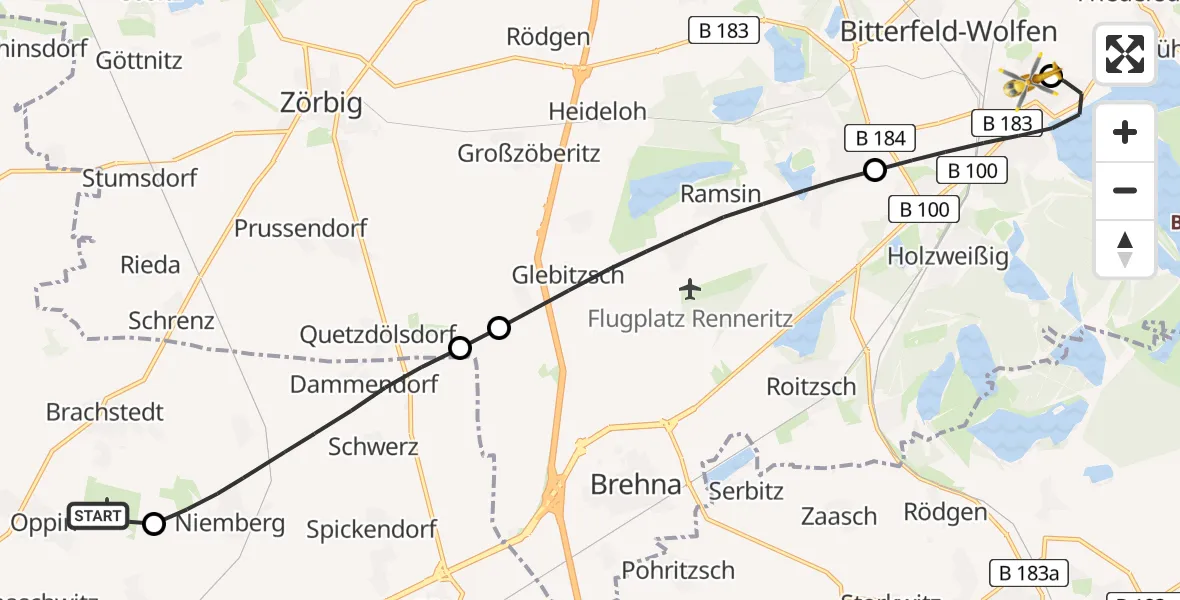 Flugroute Rettungshubschrauber Halle-Oppin Flugplatz - Bitterfield-Wolfen Health Center Hubschrauberlandeplatz, 06 Juni 2026, 02:51