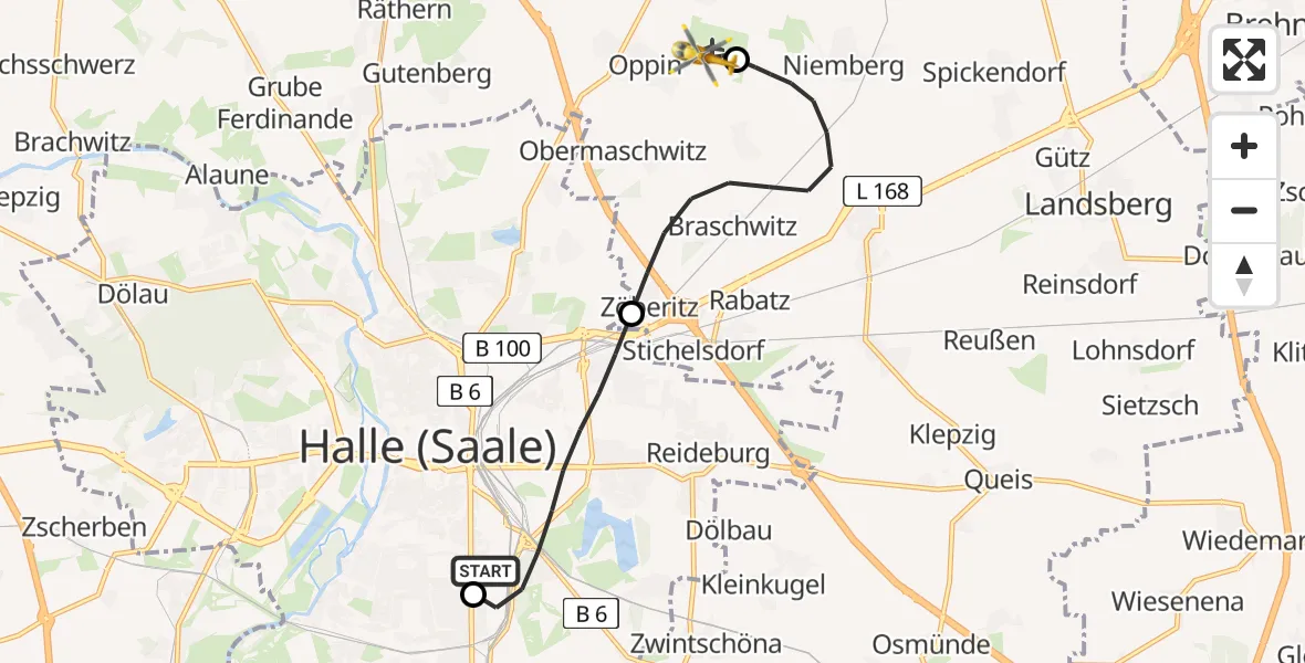 Flugroute Rettungshubschrauber BG Hospital Bergmannstrost Halle - Halle-Oppin Flugplatz, 06 Juni 2026, 04:42
