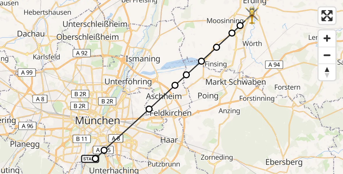 Flugroute Rettungshubschrauber ADAC Air Rescue Center Hubschrauberlandeplatz (Christoph 1) - Erding, 06 Juni 2026, 04:58