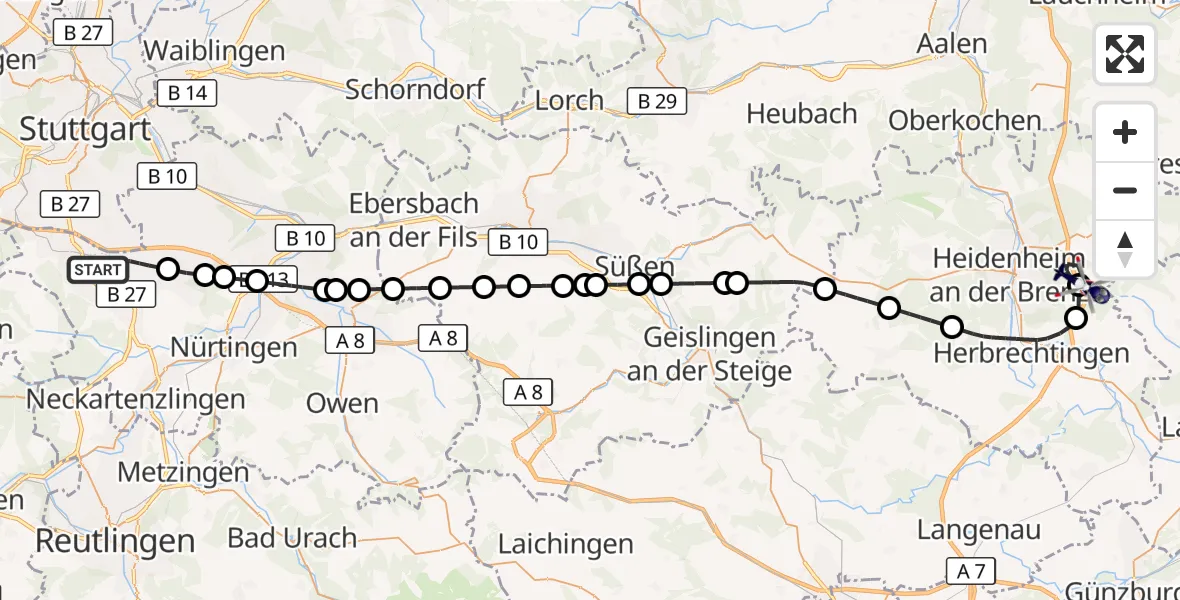 Flugroute Polizeihubschrauber Flughafen Stuttgart - Heidenheim an der Brenz, 06 Juni 2026, 04:59