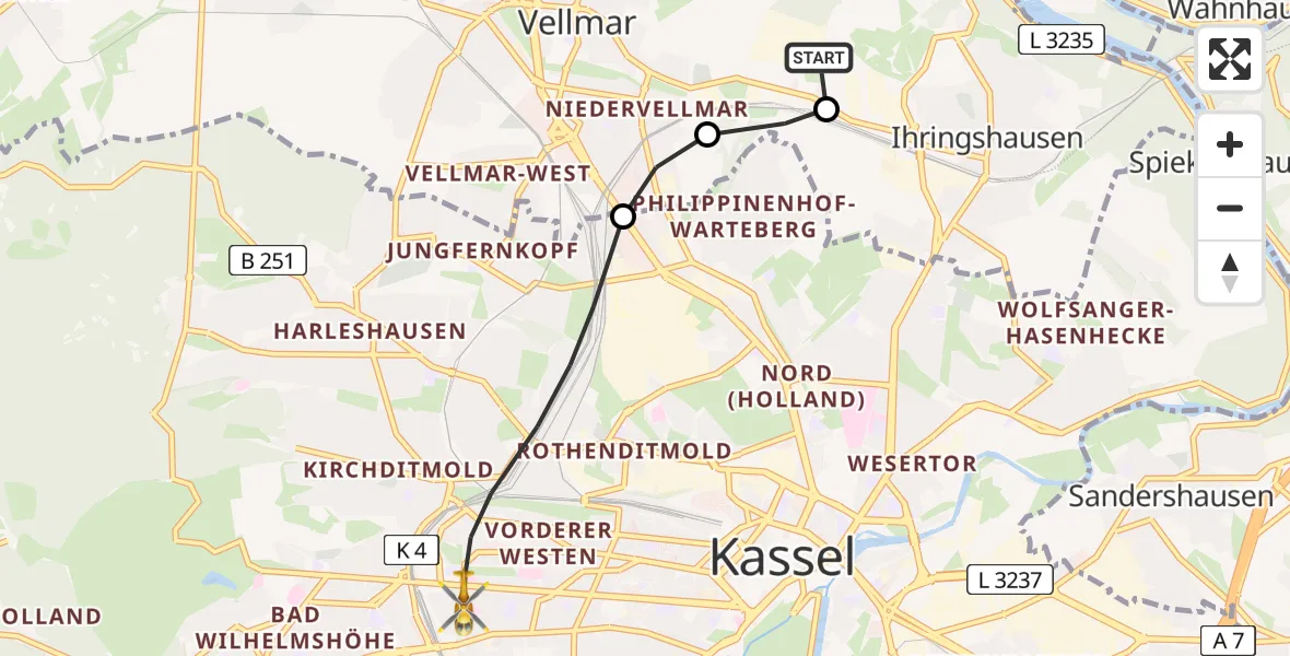 Flugroute Rettungshubschrauber Fuldatal Bundespolizei Hubschrauberlandeplatz - Kassel, 06 Juni 2026, 05:02
