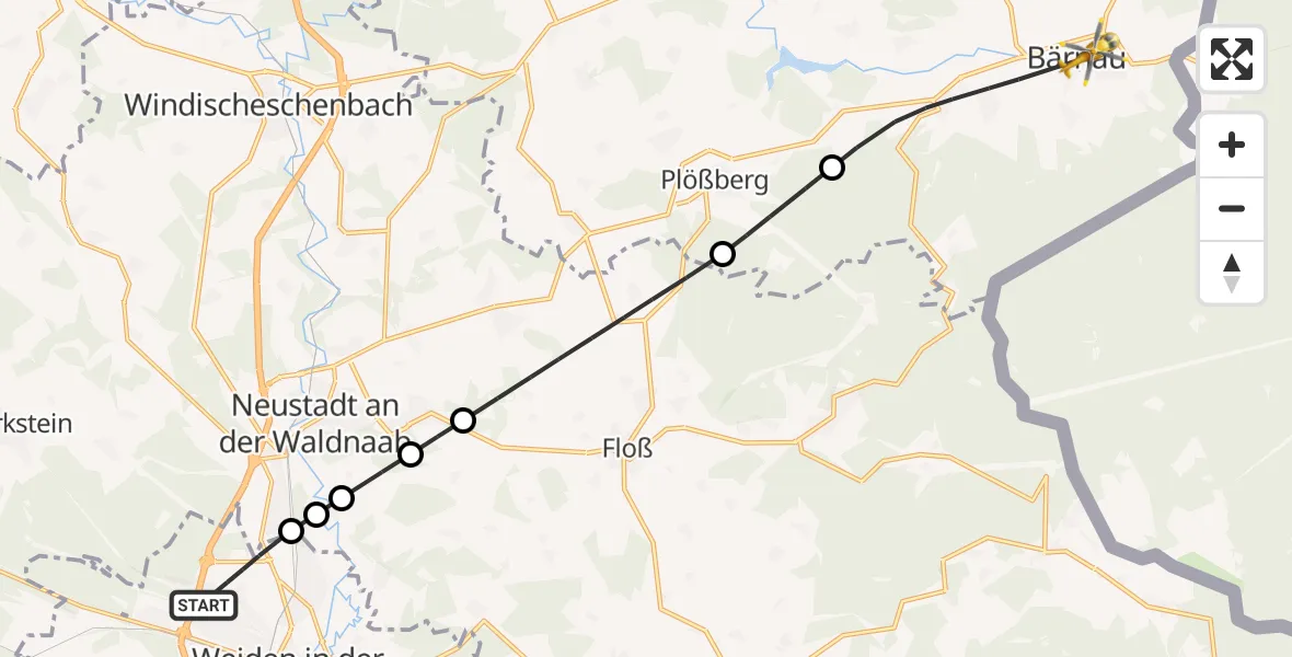 Flugroute Rettungshubschrauber Weiden i.d.OPf. - Bärnau, 06 Juni 2026, 05:31