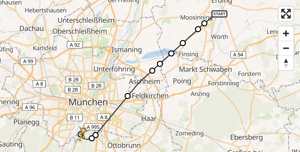 Flugroute Rettungshubschrauber Erding - ADAC Air Rescue Center Hubschrauberlandeplatz (Christoph 1), 06 Juni 2026, 05:31