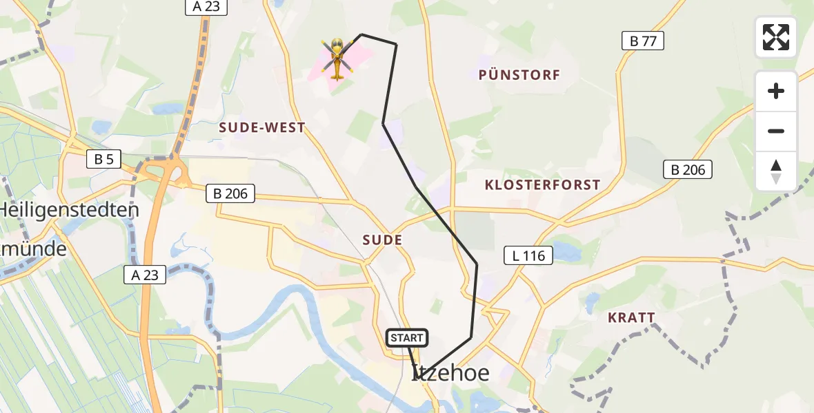 Flugroute Rettungshubschrauber Itzehoe - Itzehoe, 06 Juni 2026, 05:37