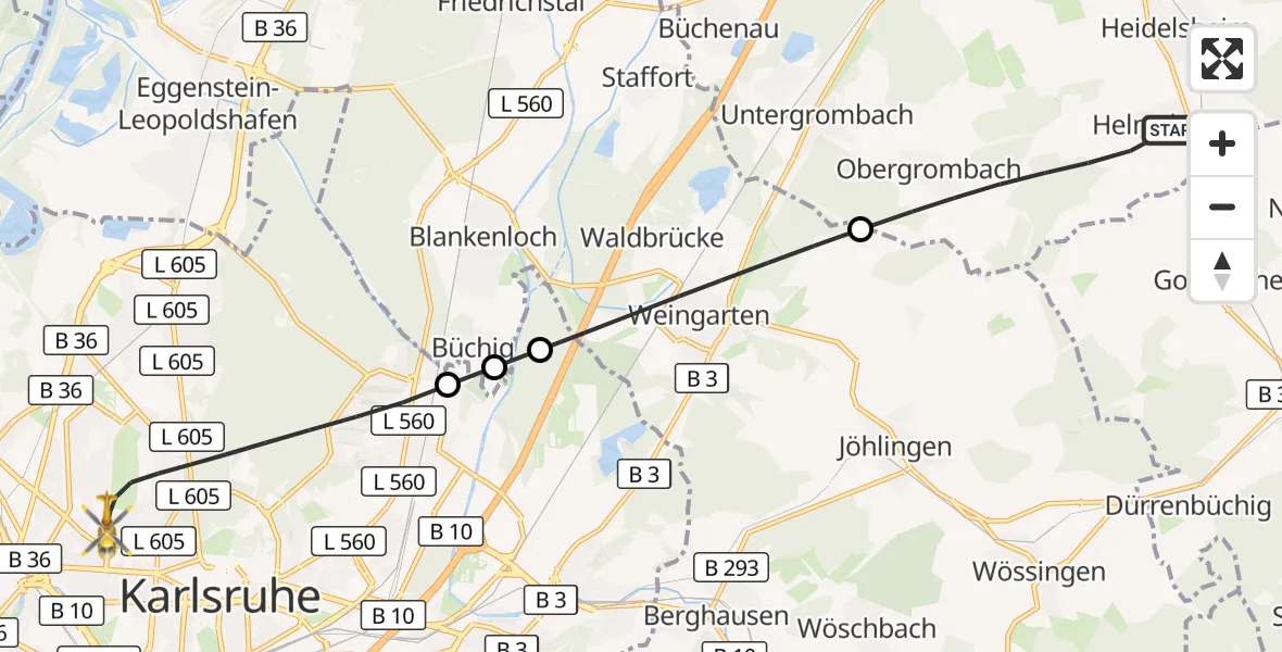 Flugroute Ambulanzhubschrauber Bruchsal - Karlsruhe, 06 Juni 2026, 06:04