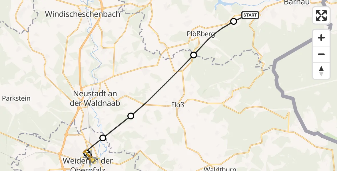 Flugroute Rettungshubschrauber Bärnau - Weiden Hospital, 06 Juni 2026, 06:07