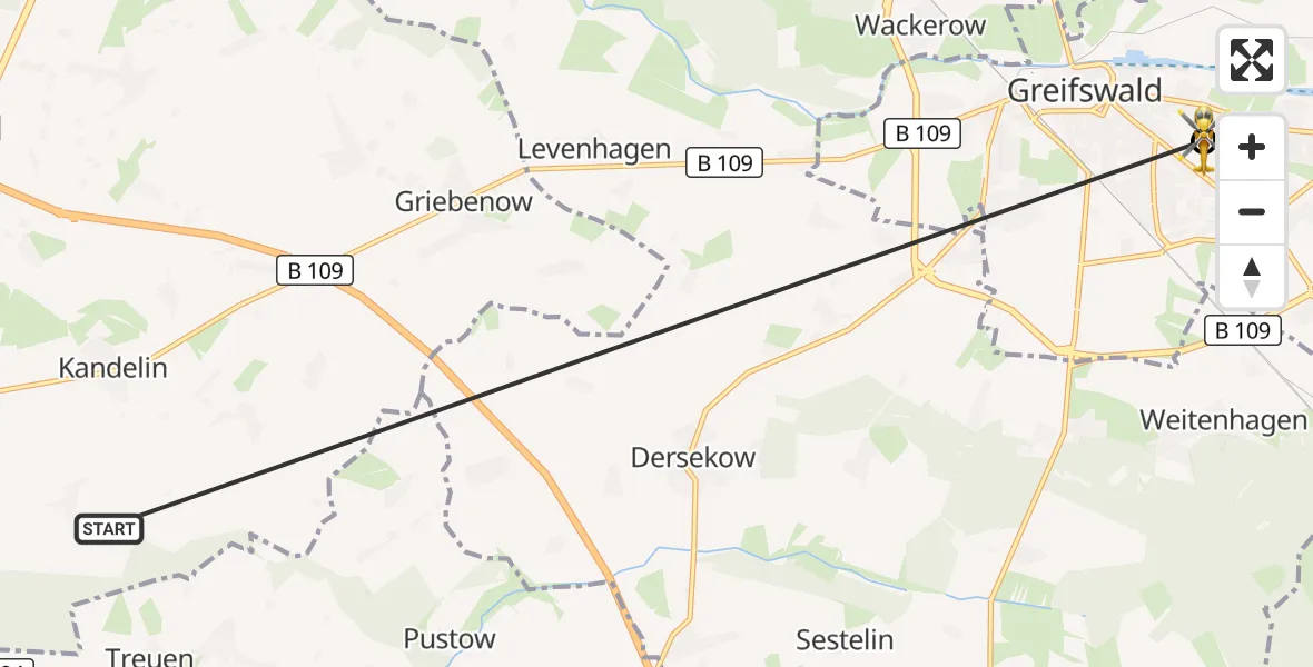 Flugroute Rettungshubschrauber Süderholz - Greifswald Hospital, 06 Juni 2026, 06:22