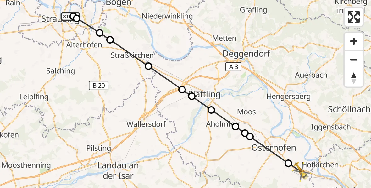 Flugroute Rettungshubschrauber Sankt Elisabeth Hospital Straubing - Künzing, 06 Juni 2026, 06:32