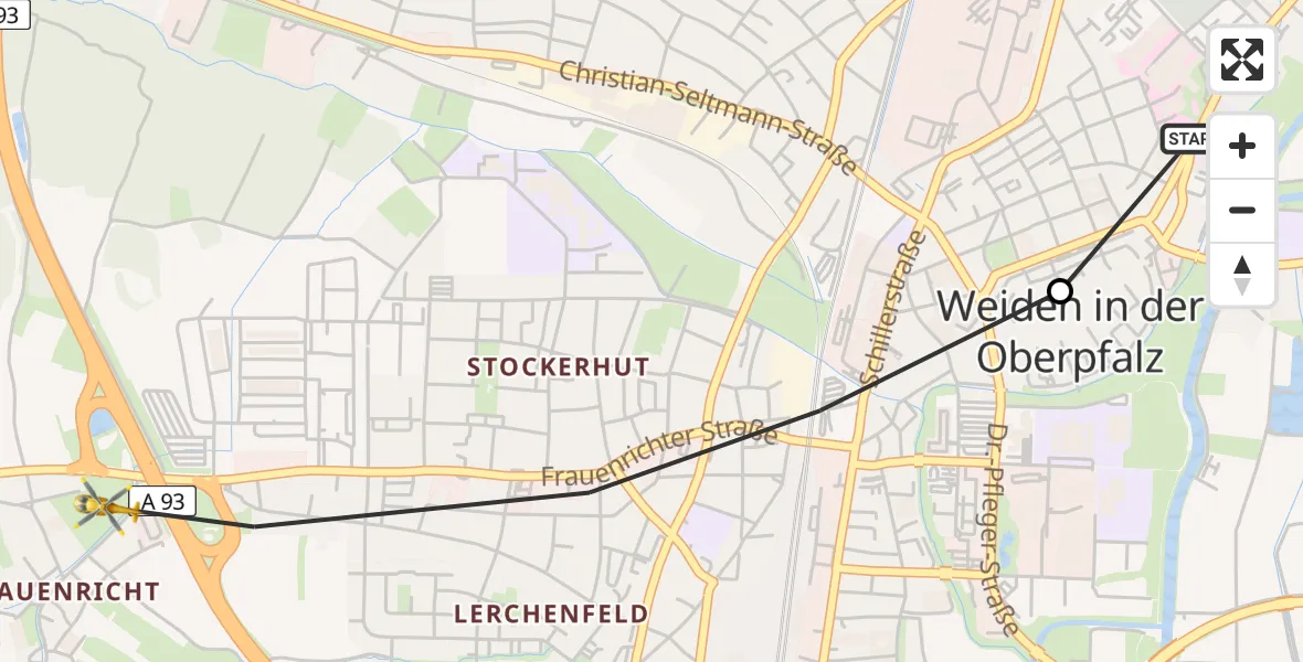 Flugroute Rettungshubschrauber Weiden Hospital - Weiden i.d.OPf., 06 Juni 2026, 06:35