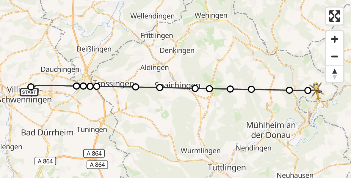 Flugroute Ambulanzhubschrauber DRF Air Rescue Station Villingen-Schwenningen Hubschrauberlandeplatz (Christoph 11) - Irndorf, 06 Juni 2026, 06:37