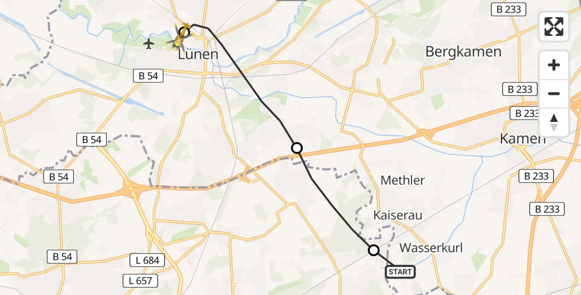 Flugroute Rettungshubschrauber Kamen - Sankt Marien Hospital, 06 Juni 2026, 06:49