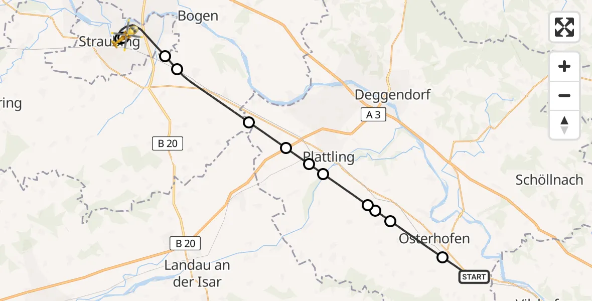 Flugroute Rettungshubschrauber Künzing - Sankt Elisabeth Hospital Straubing, 06 Juni 2026, 07:01