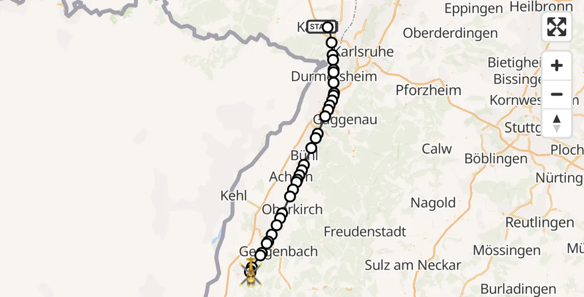 Flugroute Rettungshubschrauber Kandel - Ortenau Hospital Lahr-Ettenheim Hubschrauberlandeplatz, 06 Juni 2026, 07:08