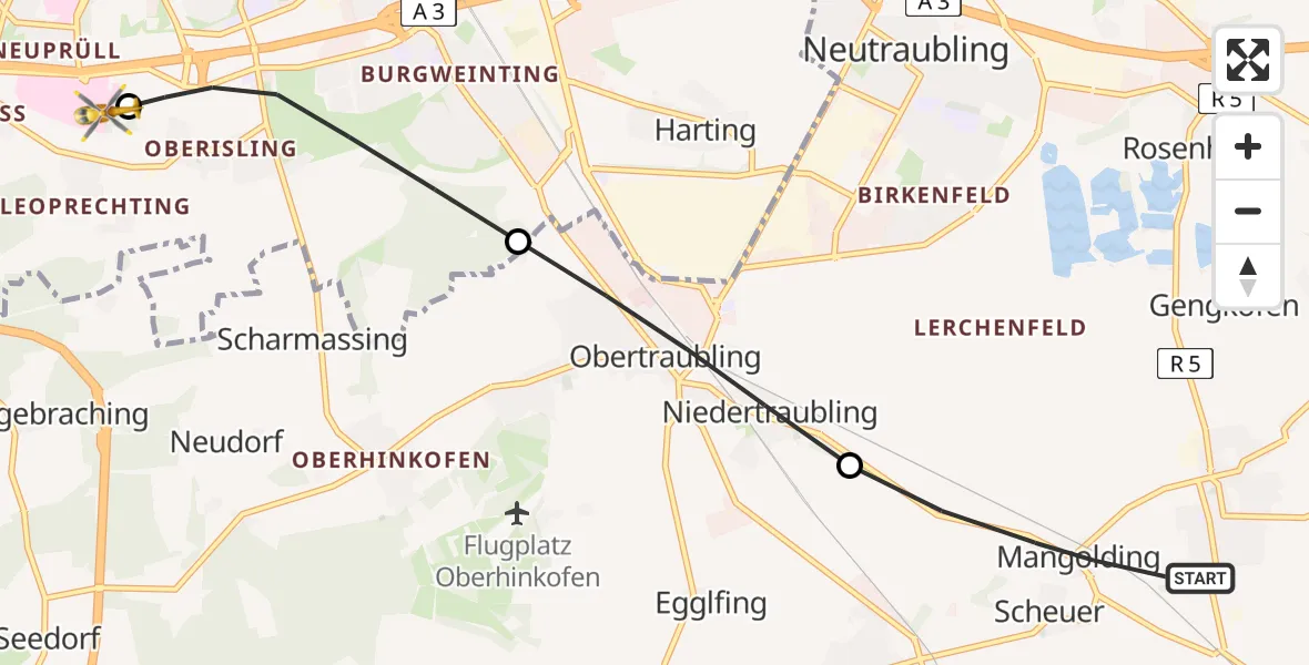Flugroute Ambulanzhubschrauber Mintraching - DRF Air Rescue Station Regensburg / Regensburg University Hospital, 06 Juni 2026, 07:15