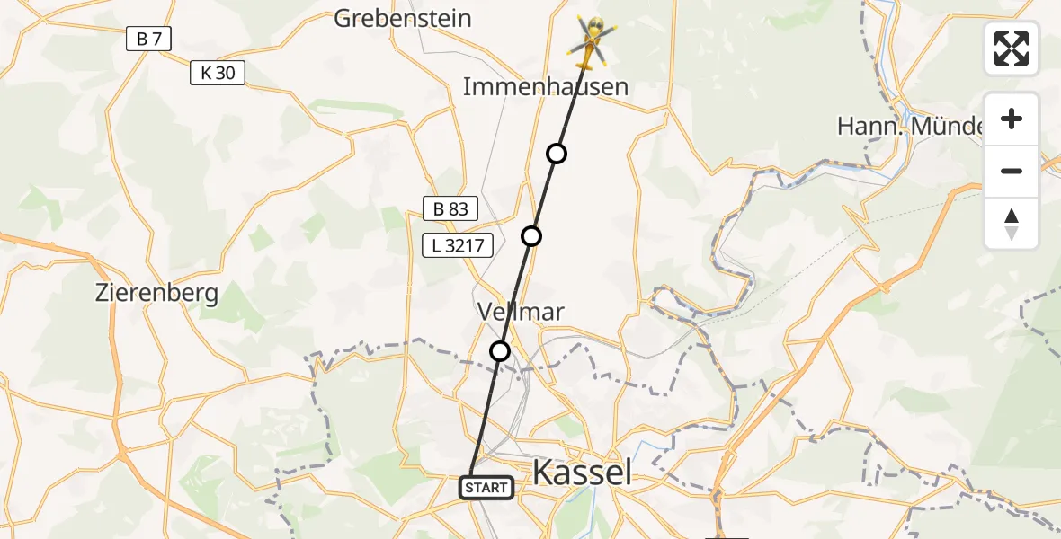 Flugroute Rettungshubschrauber Kassel - Immenhausen, 06 Juni 2026, 07:30