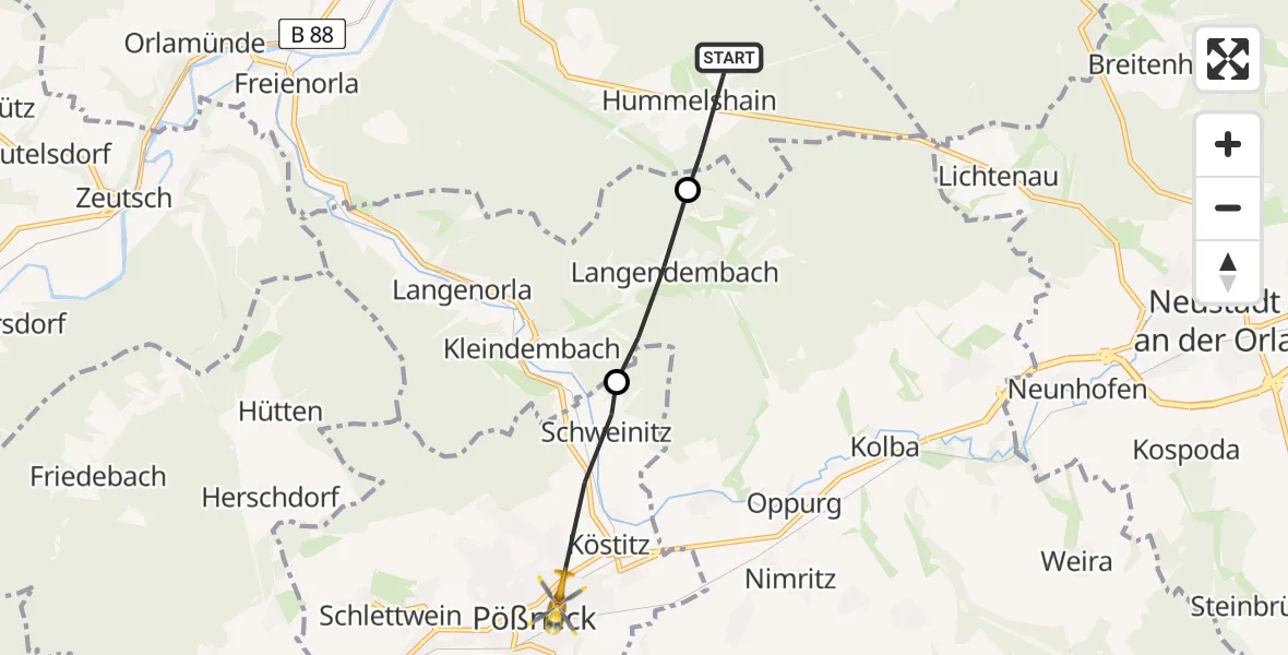 Flugroute Rettungshubschrauber Hummelshain - Pößneck, 06 Juni 2026, 07:44