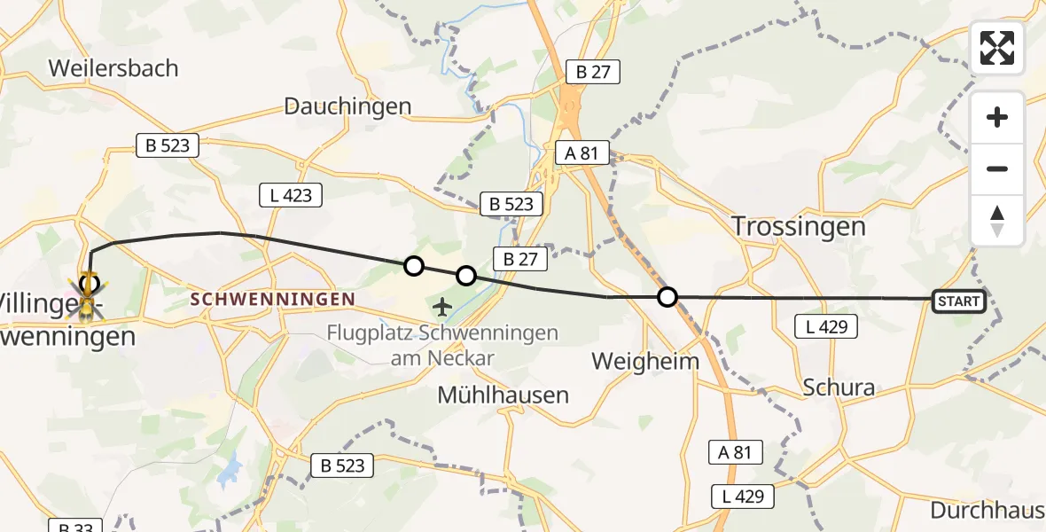 Flugroute Ambulanzhubschrauber Trossingen - DRF Air Rescue Station Villingen-Schwenningen Hubschrauberlandeplatz (Christoph 11), 06 Juni 2026, 07:44