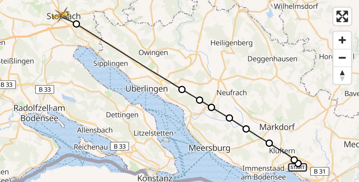 Flugroute Rettungshubschrauber Friedrichshafen Hospital - Stockach, 06 Juni 2026, 07:56