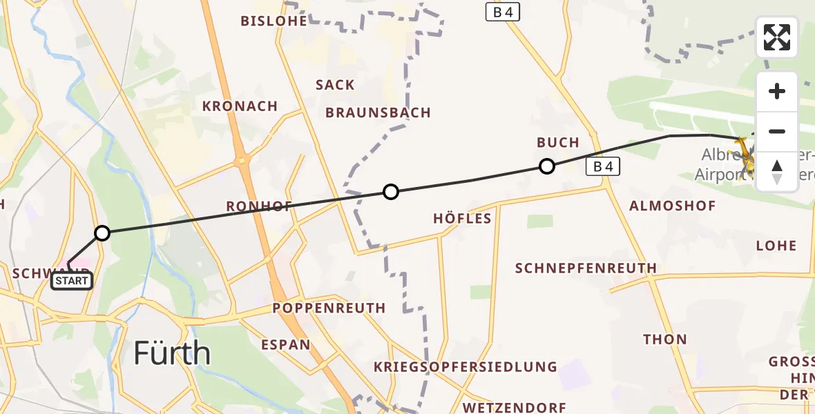 Flugroute Ambulanzhubschrauber Fürth Hospital - Flughafen Nuremberg, 06 Juni 2026, 08:02