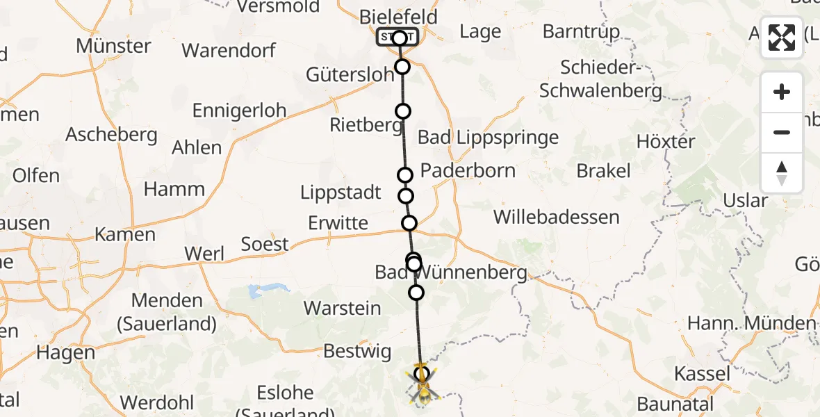 Flugroute Rettungshubschrauber Luftrettungszentrum Bielefeld - Willingen (Upland), 06 Juni 2026, 08:12