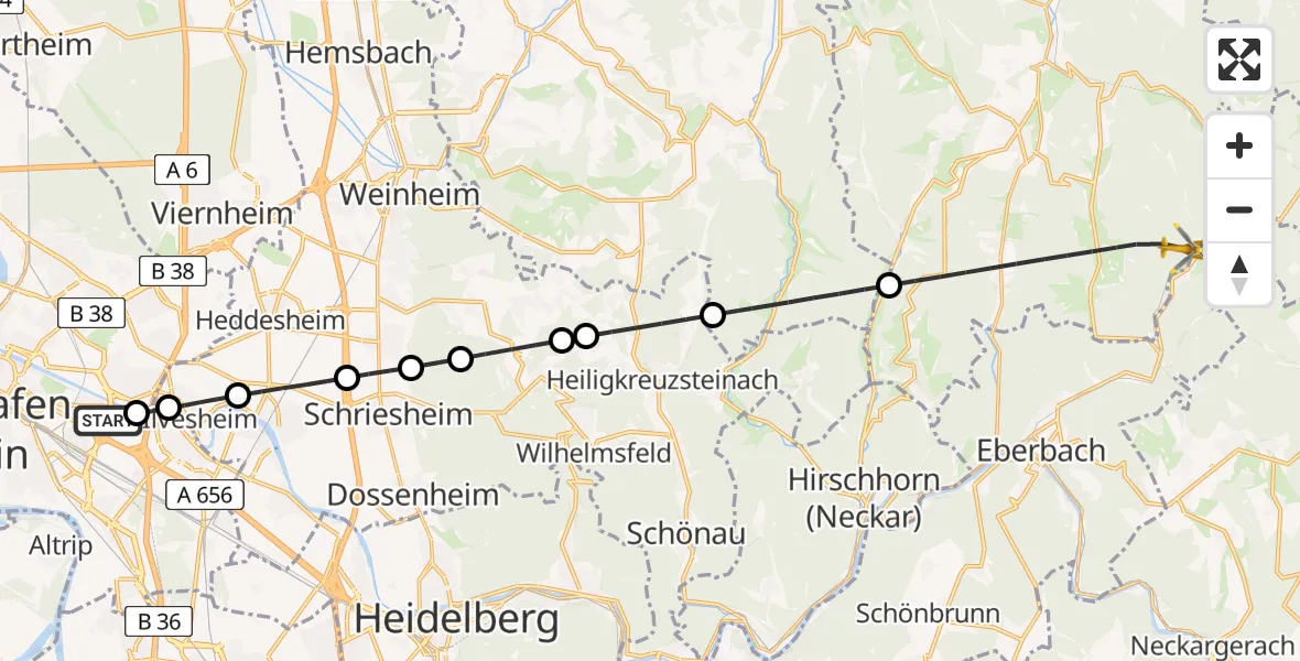 Flugroute Rettungshubschrauber Mannheim-City Flughafen - Oberzent, 06 Juni 2026, 08:13