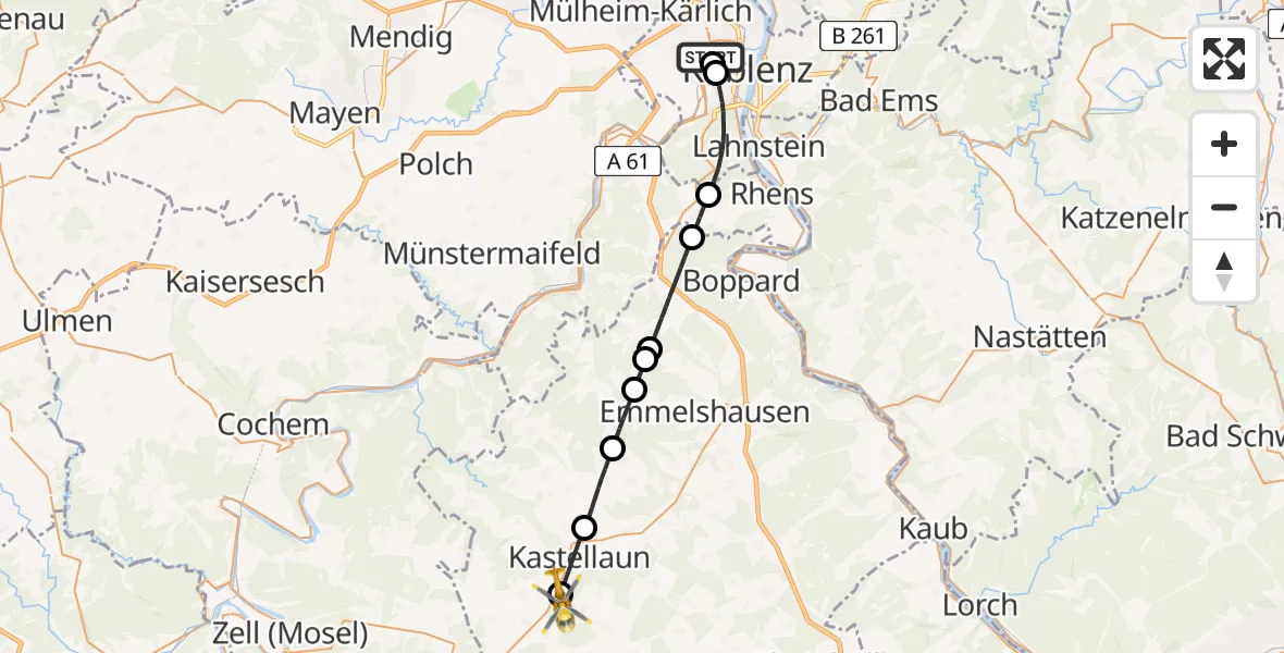 Flugroute Rettungshubschrauber Koblenz - Bell (Hunsrück), 06 Juni 2026, 08:18