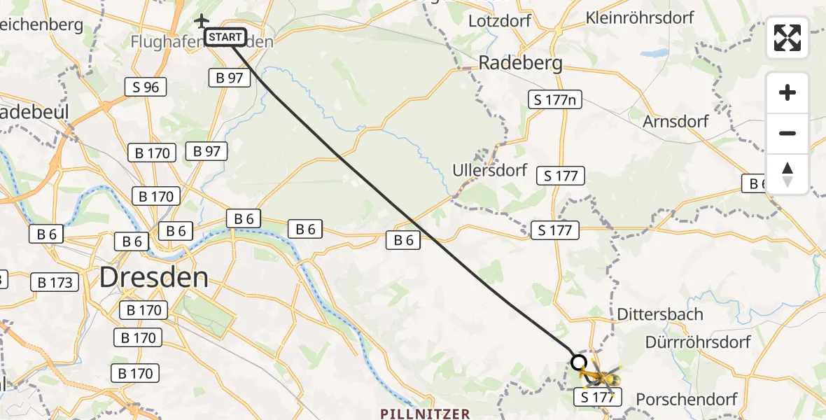 Flugroute Rettungshubschrauber Dresden - Dürrröhrsdorf-Dittersbach, 06 Juni 2026, 08:23