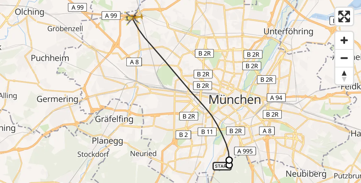 Flugroute Rettungshubschrauber ADAC Air Rescue Center Hubschrauberlandeplatz (Christoph 1) - München, 06 Juni 2026, 08:25