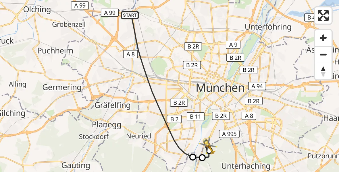 Flugroute Rettungshubschrauber München - ADAC Air Rescue Center Hubschrauberlandeplatz (Christoph 1), 06 Juni 2026, 08:45