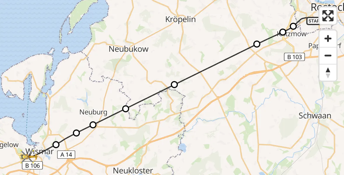 Flugroute Rettungshubschrauber Rostock - Wismar, 06 Juni 2026, 08:46